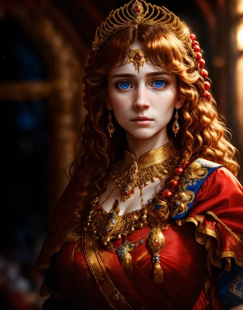 raw photophoto, ultrarealistic, 8k, extreme detail, bright lighting, detailed face, 1girl, 30yo beutiful woman stading in large hall,wearing beutiful intricate red dress, blue eyes, gold hair, tiara, frills,large necklace