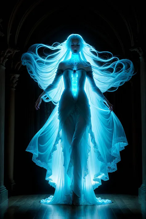 ((medium close shot)), ((Beautiful ghost woman)), ((long flowing hair)), (translucent), (transparent glowing blue), (ethereal), (otherworldly), (in medieval torn and ragged dress flowing), (barefoot), (floats in the air), inside the corridors of an ancient...