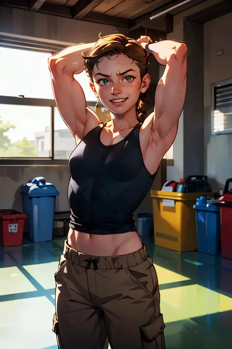 TLOU2Abby,muscular, flat chest, brown hair, single braid,tank top, pants,looking at viewer, serious, grin, standing, inside garage, arms raised, fists, lexing biceps, soft lighting, high quality, masterpiece, <lora:TLOU2Abby:.7>