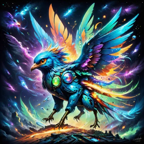 a colorful bird with glowing wings flying through the sky