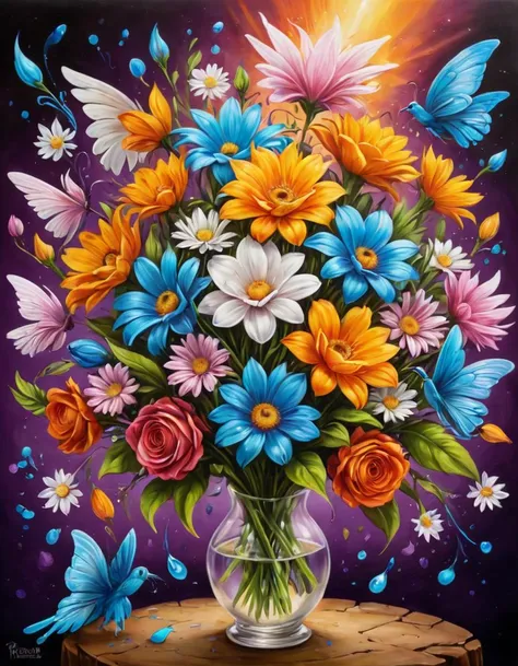 a painting of a vase filled with colorful flowers and butterflies