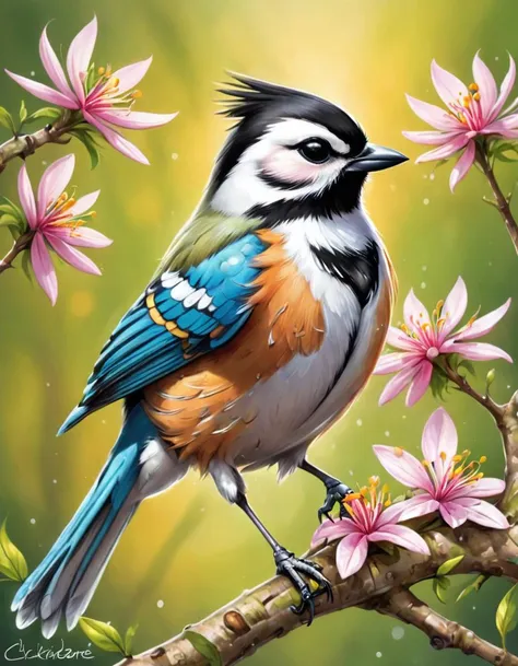 painting of a bird sitting on a branch with flowers in the background