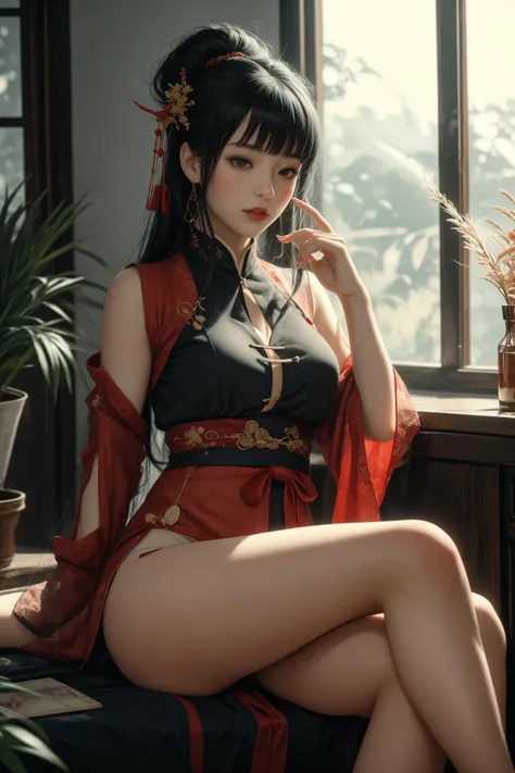 1girl,long leg,black/red hanfu