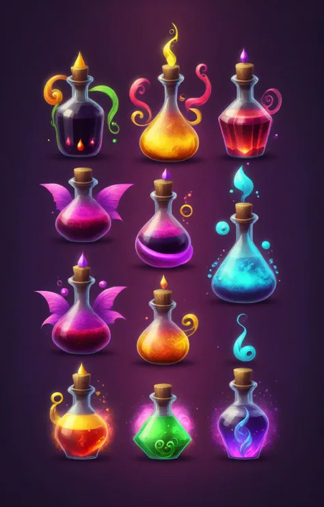 a set of colorful potion bottles with different shapes and colors