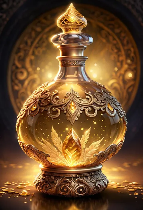 shimmering golden potion in an ornate crystal bottle, fine detail, mastercrafted, attention to detail