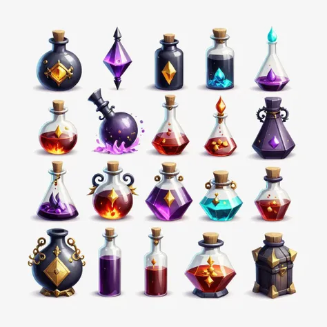 a set of different bottles with different types of potions