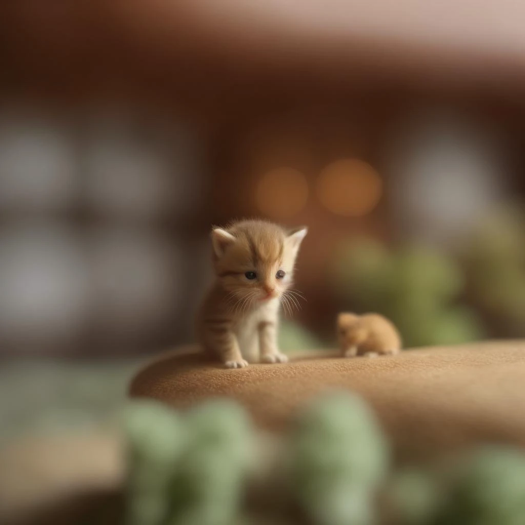 there is a small kitten standing on a table with a small mouse