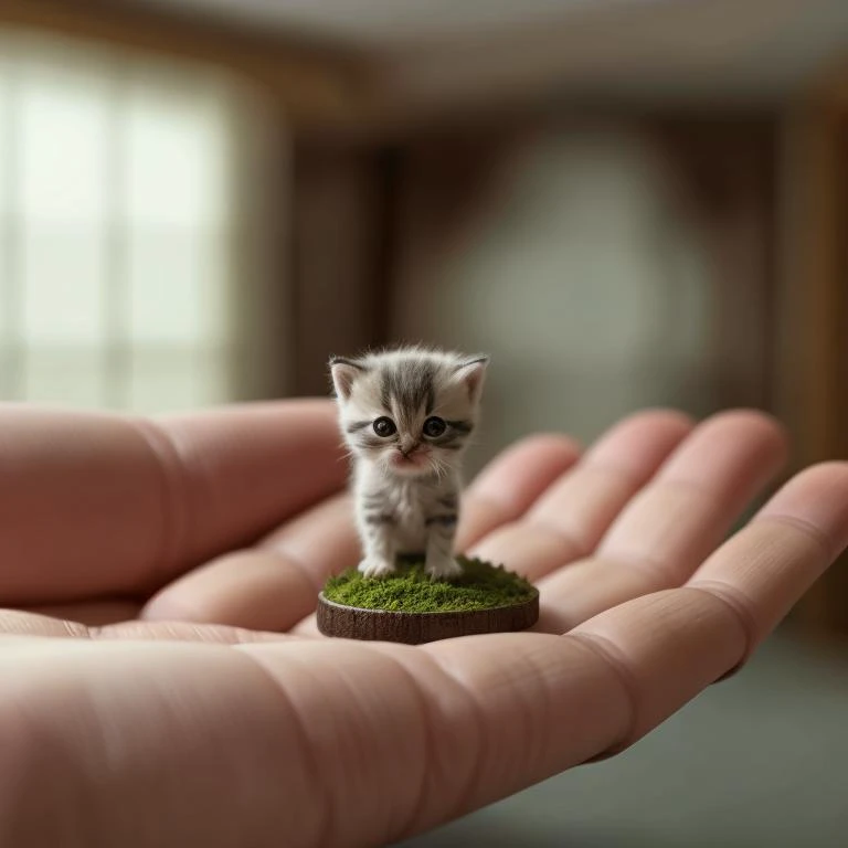 someone holding a tiny kitten in their hand with a mossy patch