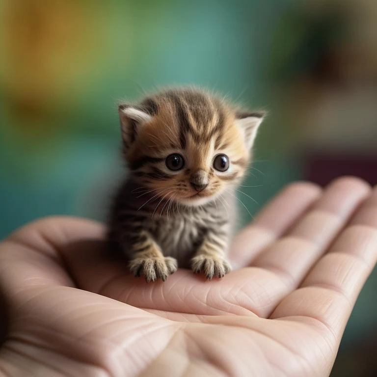 there is a small kitten sitting on a persons hand