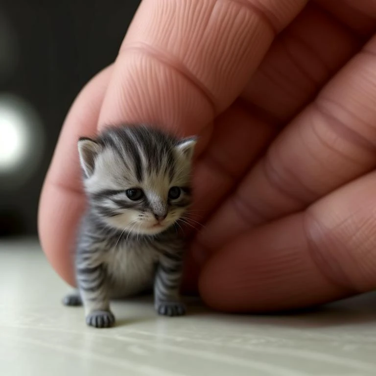 someone is holding a tiny kitten in their hand on a table