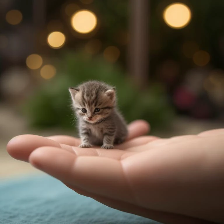 someone holding a small kitten in their hand on a blue towel