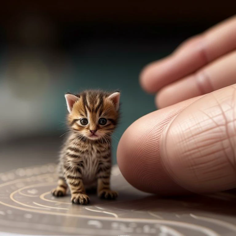 someone is holding a small kitten on a table with a finger