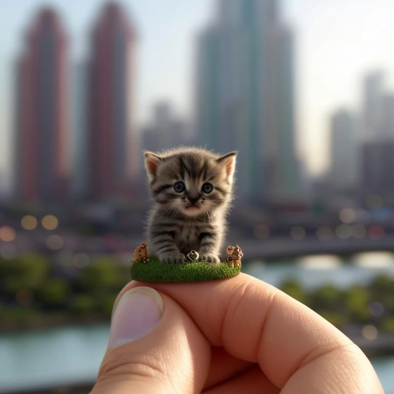 someone is holding a tiny kitten on a tiny piece of grass