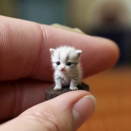 someone is holding a tiny kitten in their hand on a table