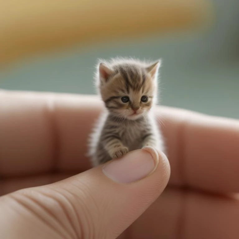 someone holding a tiny kitten in their hand on a table