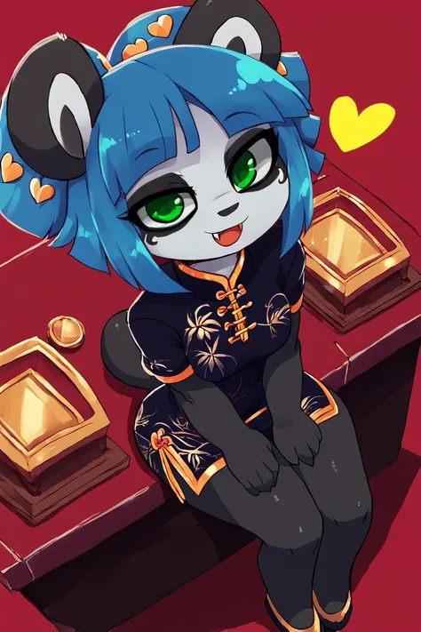 <lora:Zankuro_Style_Pony:0.7>,   high resolution, highly detailed, perfect lighting, highly detailed eyes, solo,   furry, (black and white fur), 1girl, masterpiece, best quality, animal nose, gold hearts, eye makeup, Nuwa Nightstone, green eyes, blue hair,...