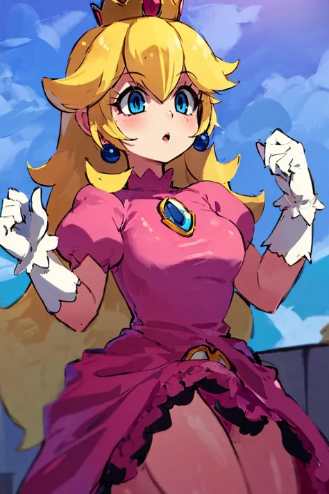 <lora:Zankuro_AnyLora_Dim32:0.8>, (masterpiece, best quality), 1girl,    <lora:princesspeach-lora-nochekaiser:1> princess peach, blonde hair, blue eyes, long hair, crown, dress, gem, gloves, pink dress, puffy short sleeves, puffy sleeves, short sleeves, wh...