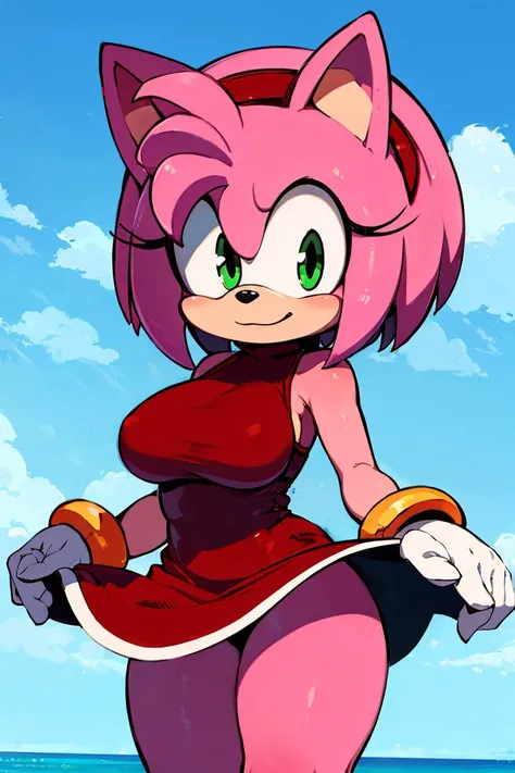 <lora:Zankuro_Style_v4:0.8>,
medium breasts,
((masterpiece,best quality)), absurdres,
red dress, 
<lora:AmyRose_v2_Retrain_R:1> amy rose, pink skin,