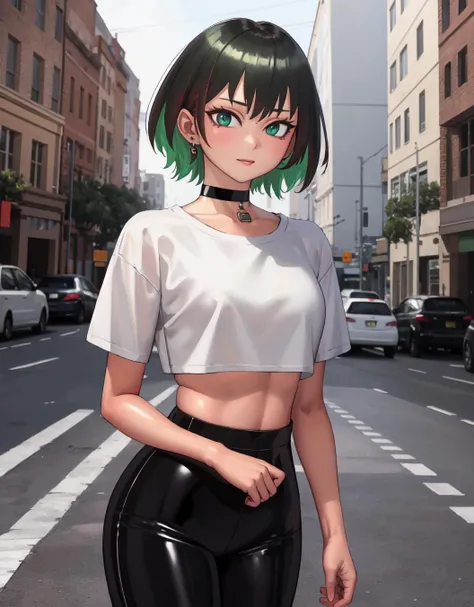 (masterpiece, best quality:1.2), 1girl, solo,    <lora:kilyeV1-000020:0.7>, (shiny glossy latex:1.3), kilye, standing, green eyes,   multicolored hair, high waist leggings, crop top, white t-shirt, street, choker, midriff peek,