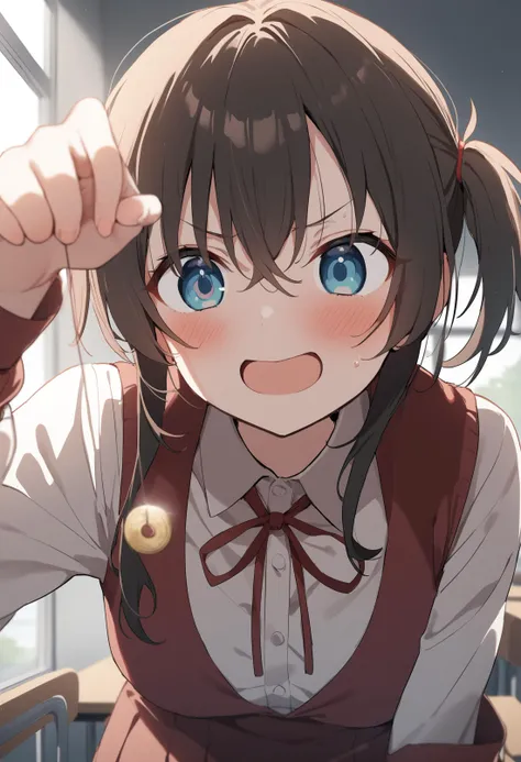 anime girl with blue eyes and brown hair in a school uniform