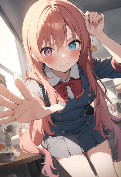 anime girl with long pink hair and blue eyes in a school uniform