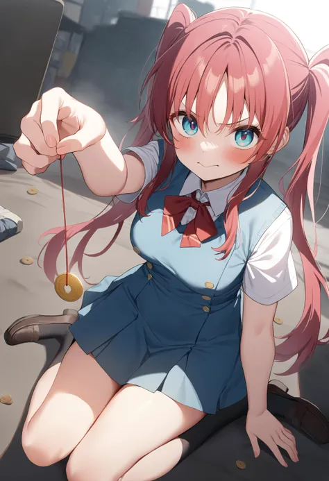 anime girl with pink hair sitting on a chair holding a string