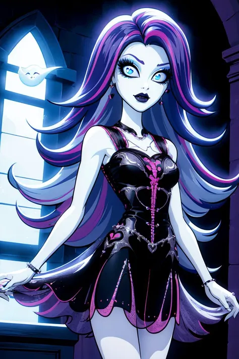 a close up of a cartoon character with purple hair and a dress