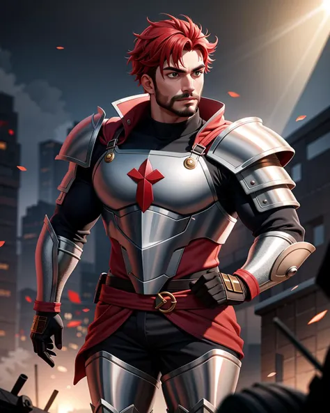 ((masterpiece), best quality, high quality, professional quality, highly detailed, highres, perfect lighting, natural lighting), (1boy, muscular, handsome, facial hair, short hair, red hair), wearing armor, running, on a battlefield