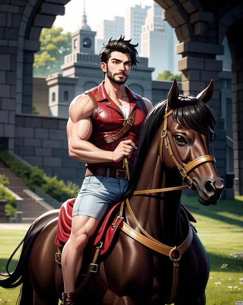 ((masterpiece), best quality, high quality, professional quality, highly detailed, highres, perfect lighting, natural lighting), (1boy, muscular, handsome, facial hair, short hair, black hair), wearing fantasy clothing, riding a horse, on a battlefield