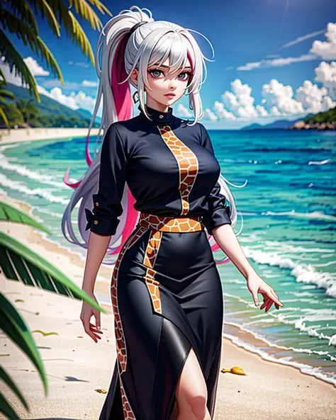 anime girl in black dress walking on beach near water