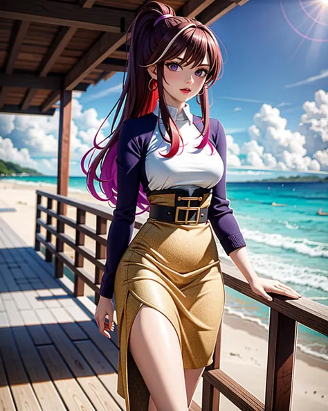 ((masterpiece), best quality, high quality, professional quality, highly detailed, highres, perfect lighting, natural lighting), (1girl, beautiful, medium breasts, (multicolored hair, brown hair,purple hair,red hair, long hair, high ponytail), perfecteyes ...