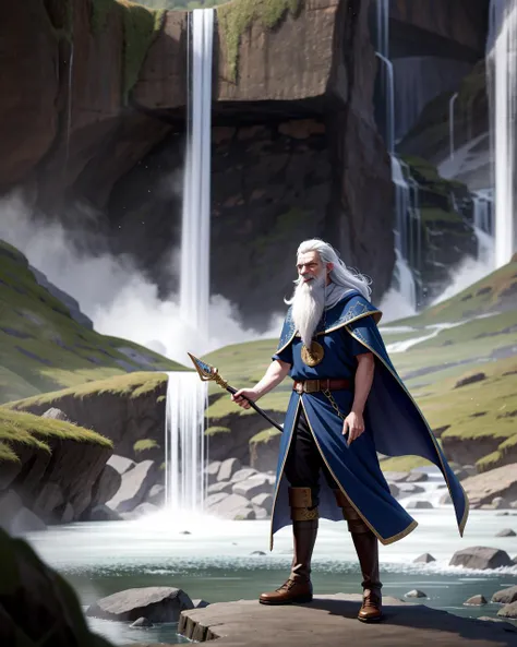 a man with a long white beard and a blue cape standing in front of a waterfall