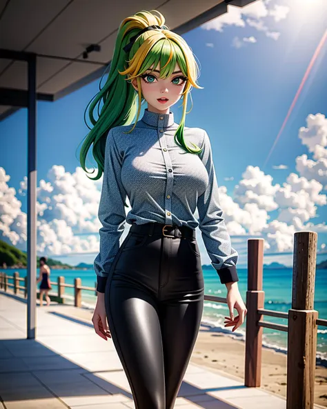 araffe girl with green hair and green hair in a blue shirt and black pants