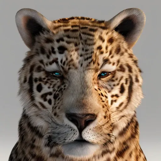 a close up of a leopard with blue eyes and a white background