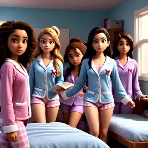 modisn, high-resolution 3d render, many female college students in a dorm room, pajamas