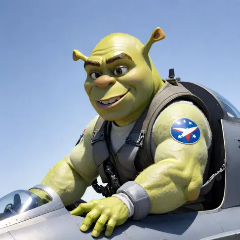 (shrek fighter jet pilot in the cockpit of a fighter jet)