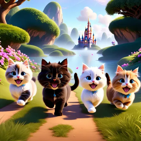 a group of cats running down a path towards a castle