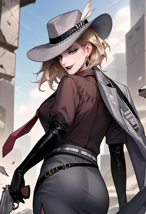 anime girl with gun and hat in a city