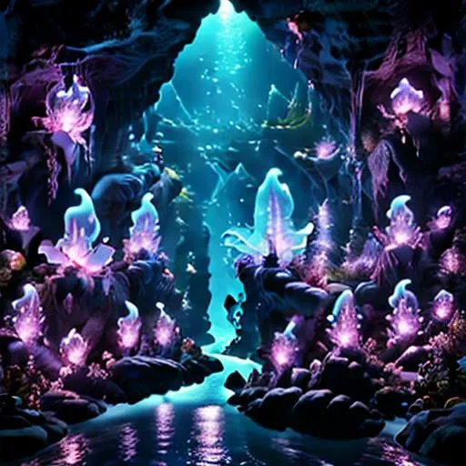 a close up of a cave with a stream and a group of people