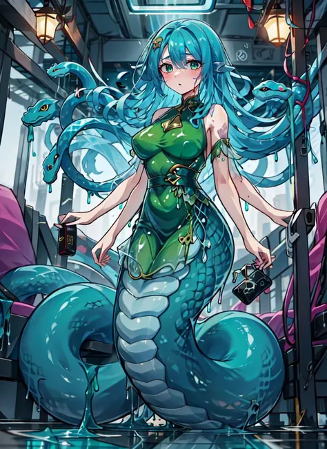 a cartoon picture of a woman in a green dress sitting on a blue mermaid