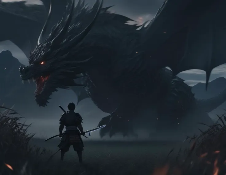 (Anime sharp lines, crisp lineart),, Climactic scene, a samurai with his katana standing in a field facing a distant giant dragon creature with a demonic face, glowing eyes, two outstretched wings, scaled muscular arms sharp claws, ready to start fight, in...