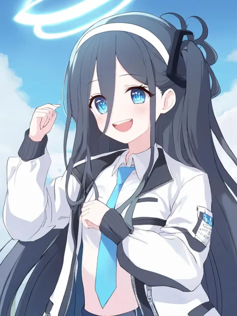 anime girl with long black hair and blue eyes in uniform