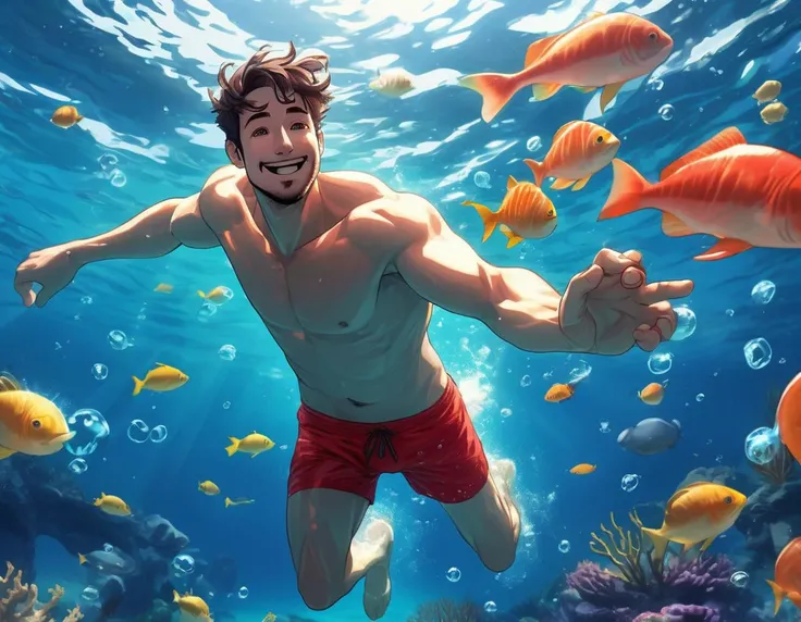 (anime,masterpiece, best quality),cinematic shot,(1man:1.3),a (shirtless floating manswimming zero gravity, underwater, weightless:1.2) smiling alluring (man) swimming underwater in the ocean,30yo redneck man wearing tight red swim trunks,chest belly,looki...