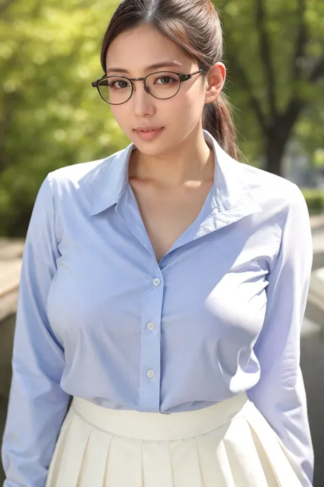 1girl, sakuranene_jav, breasts, parted lips, brown hair, glasses, ponytail, <lora:JAV_sakura_nene_v1_epoch_10:0.8>
looking at viewer, shot using canon DSLR, (dark-skinned female:0.2), (dark skin:0.2), wearing white blouse, high collar, skirt, red ribbon, c...