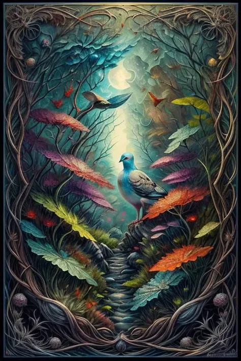 centered, triadic colors, best quality, a close up highly detailed Dove, moss, ferns, rowanberries, highly detailed glittering scales, by Craola, Dan Mumford, Andy Kehoe, 2d, flat, cute, adorable, vintage, art on a cracked , fairytale, storybook detailed i...