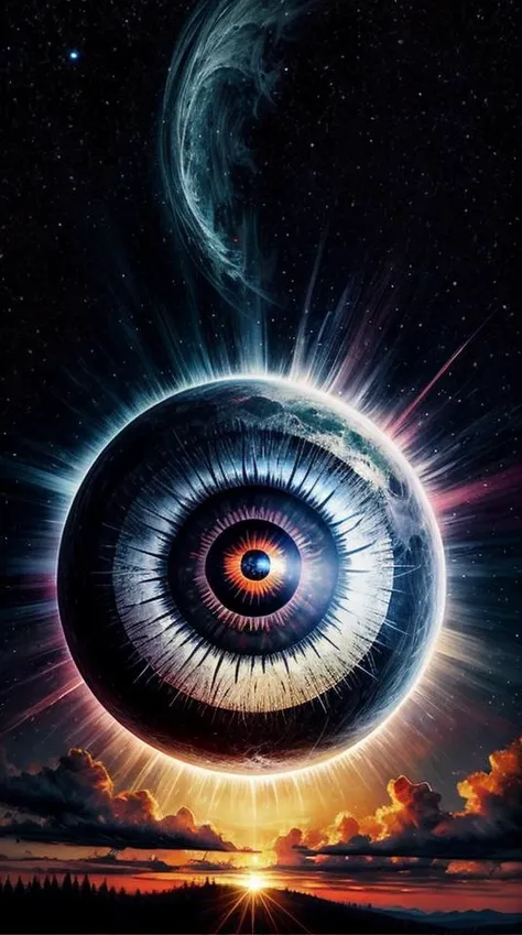 a poster of an eyeball with a bright light coming out of it