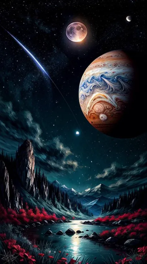 a painting of a planet with a river and a shooting star