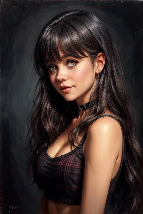 sumptuously detailed painting, goth girl [Zooey Deschanel|Jenna Ortega|Christina Ricci] in a black tank top, black plaid skirt, black choker, smirking, in a flirty pose, flesh details, accurate flesh composition, extremely detailed background, extremely de...