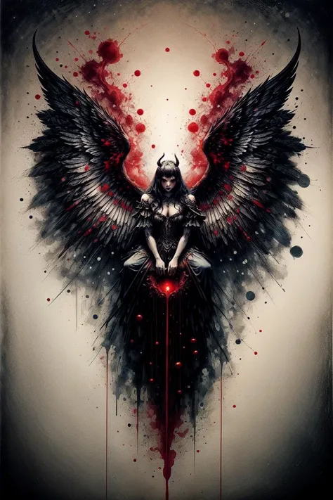 (masterpiece, best quality), art in the style of Boris Vallejo and russ mills, cute, kawaii, dark fantasy, gothic aesthetic, ink drip painting, studio mappa, (wariza, from above, looking up:1.1), fallen angel, demon, dark red theme