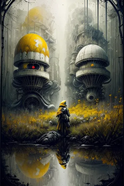 painting, White and Mustard Yellow secret nature, weird future of Love, from inside a Dense Dagobah, Very wide view, [by Bastien Lecouffe-Deharme| (Tristan Eaton:0.8) ], Realistic, Relaxed, Cybergoth Fashion, key light, F/14, Autochrome